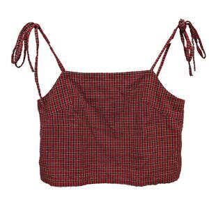 Brandy Melville Dena Tank Top Red Plaid Cropped 100% Cotton Tie Straps Soft Girl